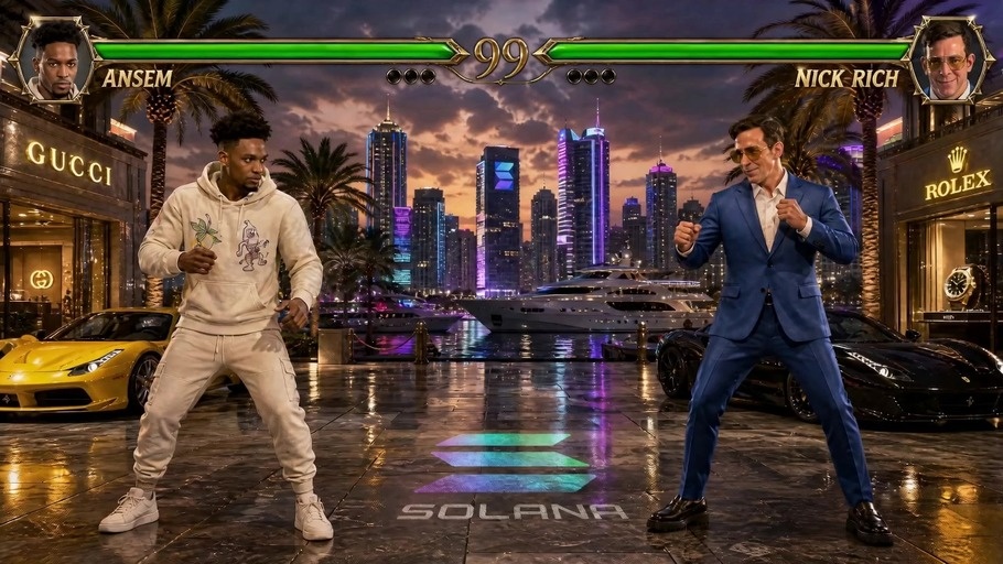 Ansem in a white hoodie and Nick Rich in a blue suit face off in a 3D fighting game arena with a Solana logo on the ground.