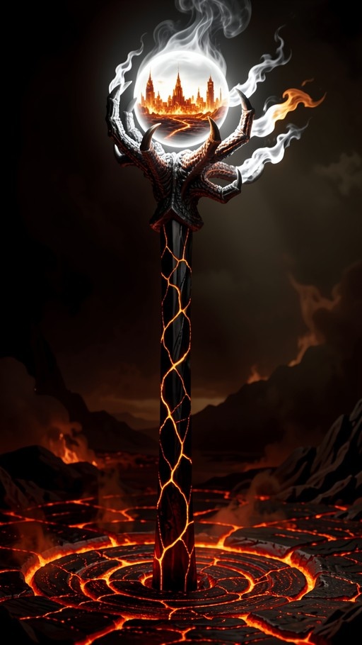 A dark fantasy staff with a crown of horns stands in molten lava, holding a glowing orb containing a burning city skyline.