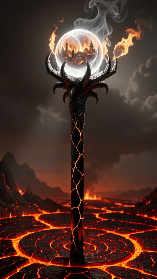 A close-up of a dark fantasy staff with horn-like protrusions holding a glowing white orb that contains a miniature burning city, set against a background of lava and mountains.