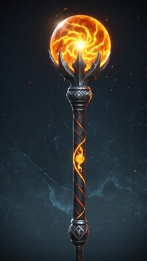 A vertical fantasy staff topped with a large, glowing orange sphere resembling a sun, held by dark metal spikes against a smoky background with floating embers.