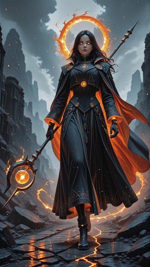 A female sorceress with long black hair and glowing orange eyes stands in a rocky landscape, holding a staff with a glowing orb while a ring of fire floats above her head.