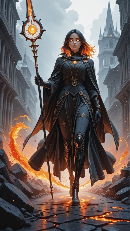 Female mage with glowing orange eyes and black hair walking through a ruined city street holding a magical staff.