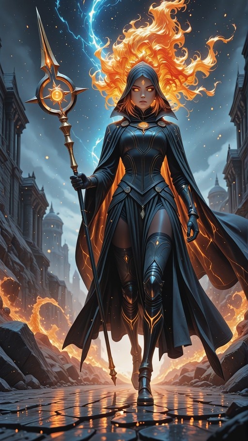 A full-body digital illustration of a dark-skinned female mage with flowing orange hair and glowing eyes, wearing black armor and a cape while holding a golden staff in a ruined city street.