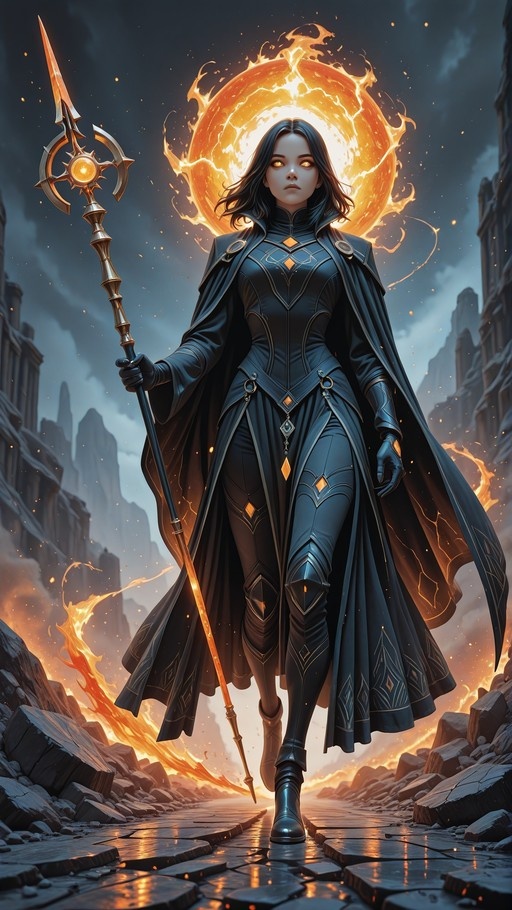 A full-body portrait of a female fantasy warrior with dark hair and glowing yellow eyes, wearing black armor and a cape while holding a large spear in front of a burning sun.