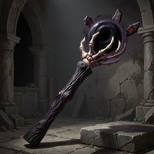 A skeletal hand extends from a dark, veined staff toward a swirling purple portal, surrounded by floating rune-inscribed stone shards in crumbling ruins.
