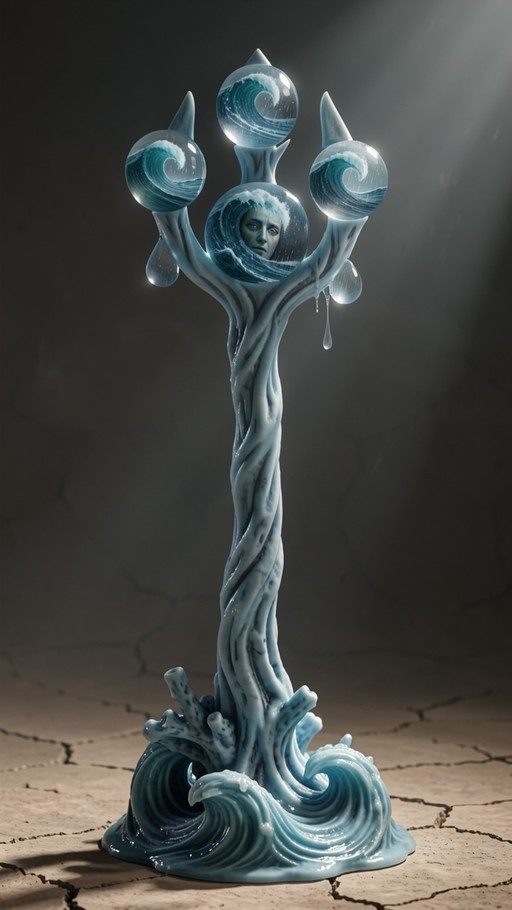 A tall, twisted sculpture of pale blue viscous liquid stands on cracked ground, holding four crystal orbs containing crashing ocean waves, with a human face visible inside the central sphere.