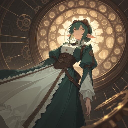 A green-haired elf girl with yellow eyes and steampunk goggles stands in front of a large circular gear mechanism.