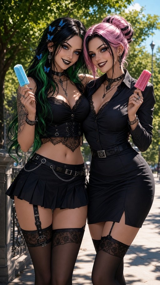 Two women in black gothic outfits holding popsicles outdoors.