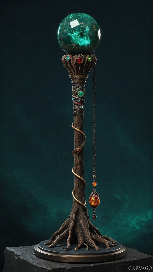 A tall fantasy staff made of dark wood and roots, topped with a large green crystal sphere and featuring a hanging orange pendant against a dark background.