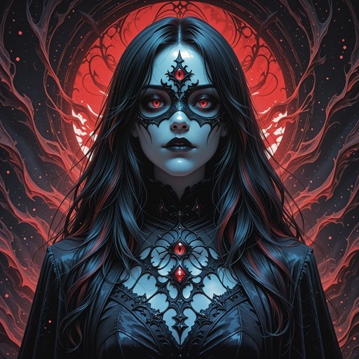 A pale blue-skinned woman with long black hair and glowing red eyes wears an ornate black masquerade mask featuring a third eye on her forehead. She stands before a large red moon, wearing a gothic outfit with intricate chest cutouts and red gemstones.