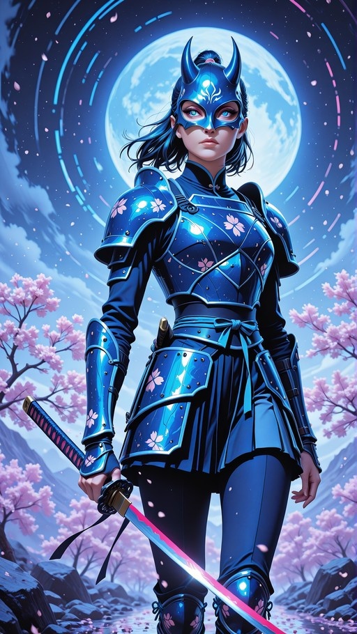 A female warrior in blue samurai armor decorated with pink flowers holds a glowing sword under a full moon.