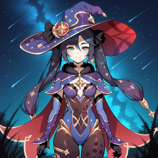 Mona from Genshin Impact wearing a large witch hat and cape standing under a starry night sky with shooting stars.