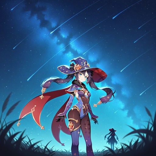 Mona from Genshin Impact standing in a grassy field under a starry night sky with shooting stars, wearing her witch hat and purple outfit.
