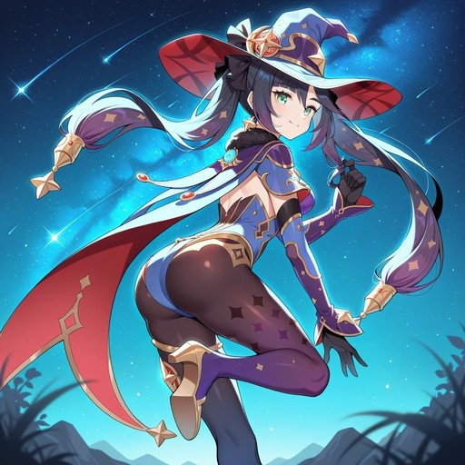 Mona from Genshin Impact wearing a witch hat and blue leotard poses against a starry night sky with shooting stars.