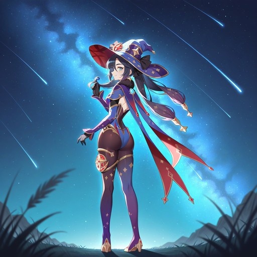 Mona from Genshin Impact stands in a field looking back at the viewer under a starry night sky with shooting stars.