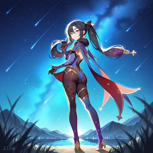 Mona Megistus from Genshin Impact stands outdoors at night, looking back over her shoulder against a starry sky filled with shooting stars.