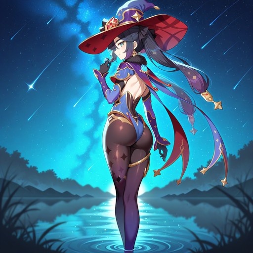 Mona from Genshin Impact stands in shallow water, looking back over her shoulder under a night sky filled with shooting stars.