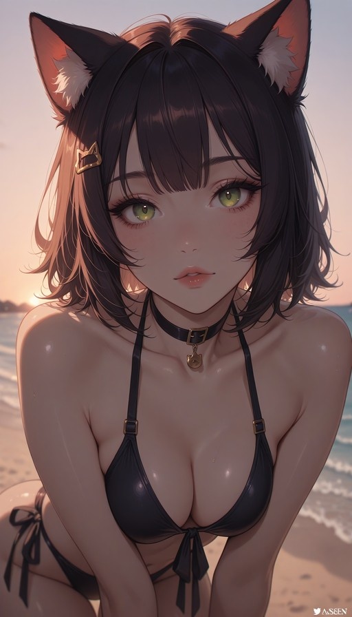 Close-up portrait of an anime-style cat-girl with short black hair and green eyes wearing a black bikini on a beach at sunset.