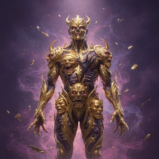 A towering horned demon in intricate golden armor featuring screaming skulls stands against a purple cosmic background.