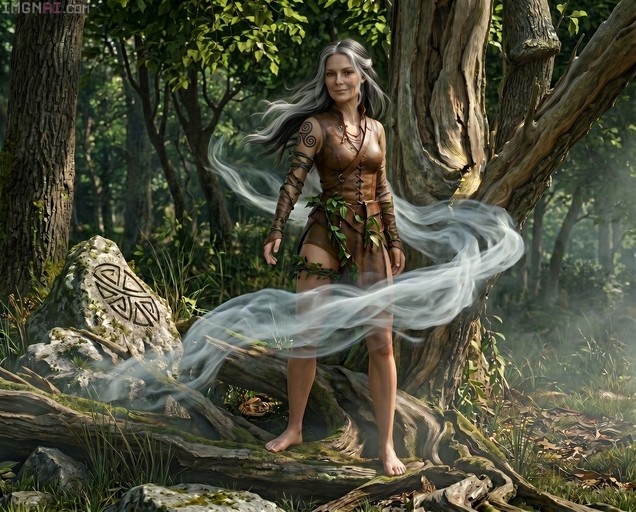 Maeve ex Miscellenea standing barefoot on a mossy log in a forest, wearing brown leather and vines with a triskel tattoo on her shoulder.