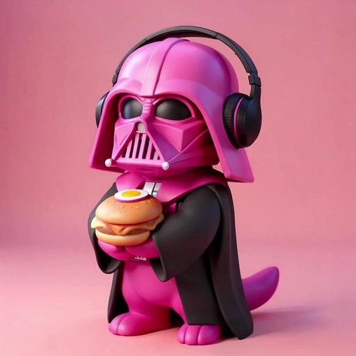 A small pink creature wearing a Darth Vader helmet and black headphones holds a burger with an egg on top against a solid pink background.