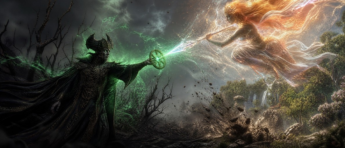 A dark armored warrior with a horned helmet holding a green magic shield faces an ethereal woman with orange hair and a glowing spear in a fantasy battle scene.