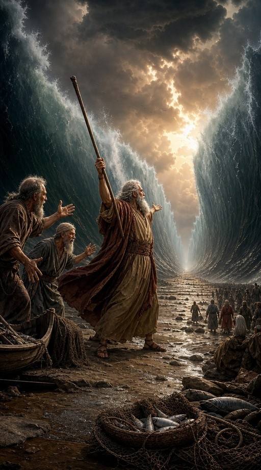 An elderly man with a staff stands between two walls of water as they part.