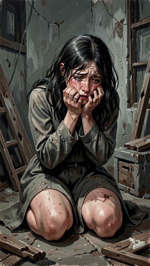 A young woman with long black hair kneels in a ruined room, crying with her hands on her face.