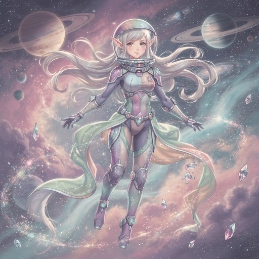 An anime-style elf girl with long white hair and pointed ears floats in a colorful nebula wearing a futuristic purple and green spacesuit with armor, surrounded by ringed planets and floating crystals.