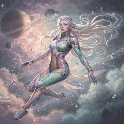 A blonde elf with pointed ears floats in space wearing a futuristic bodysuit, surrounded by planets and crystals.