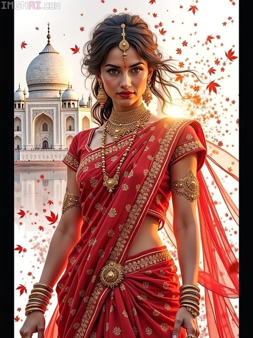 A digital illustration of an Indian woman in a red sari and gold jewelry standing before the Taj Mahal with red leaves blowing in the wind.