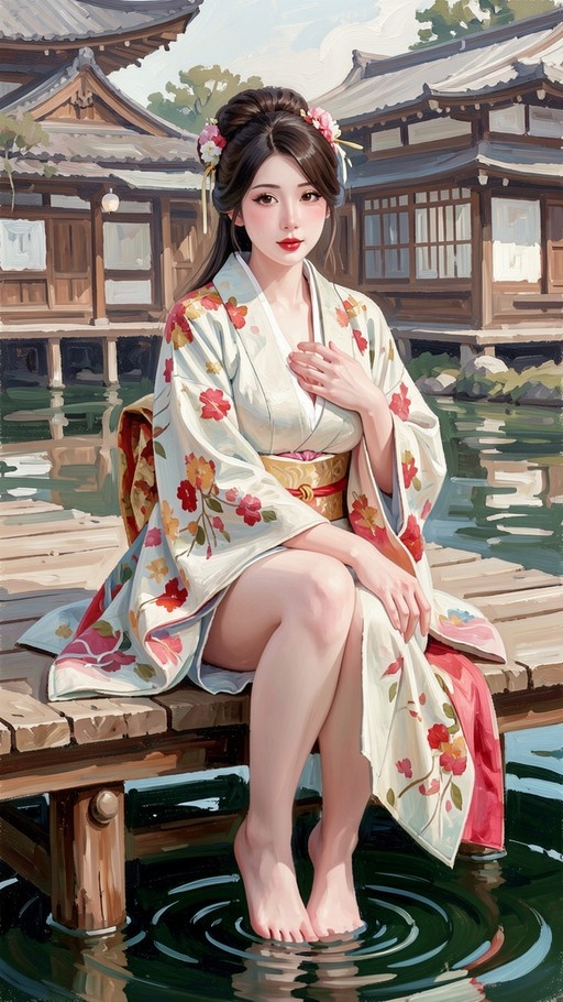 A young woman in a white floral kimono sits on a wooden dock with her bare feet submerged in water, creating ripples, with traditional Japanese architecture in the background.