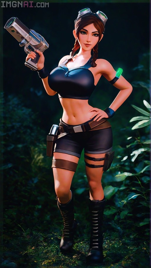 A cel-shaded 3D digital illustration of Lara Croft standing in a jungle, wearing a black crop top, shorts, and knee-high boots with goggles on her head while holding a large pistol.