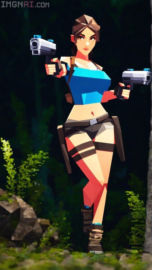 Low-poly Lara Croft holding dual pistols in a jungle setting.