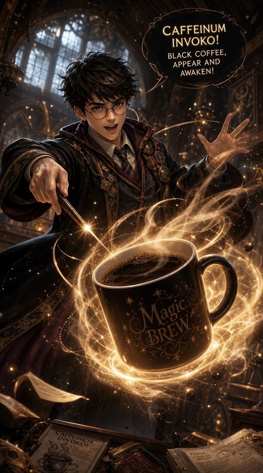 A young wizard in a black robe and round glasses casts a golden spell on a large mug of steaming coffee labeled "Magic Brew".