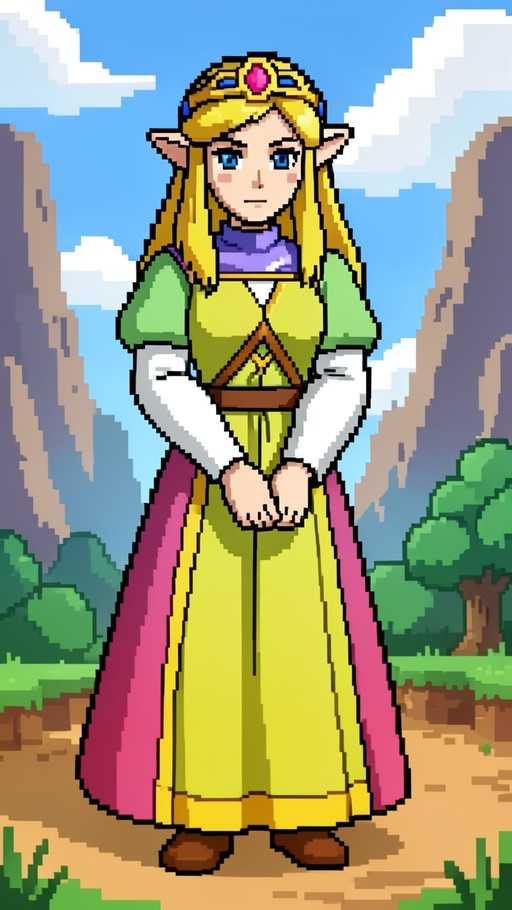 Pixel art portrait of Princess Zelda with blonde hair and pointed ears wearing a green dress and crown, standing on a path in a forest setting.