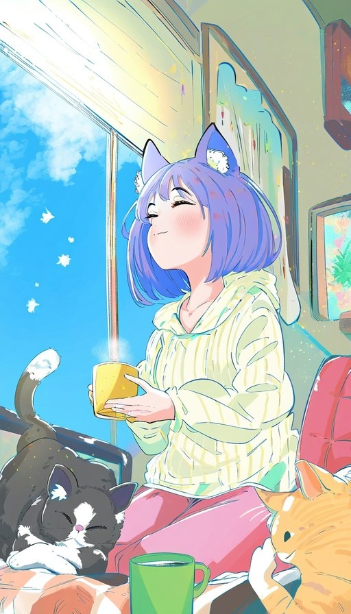 Anime illustration of a purple-haired cat girl in a yellow hoodie smiling while holding a steaming mug, with two cats resting beside her near a sunny window.
