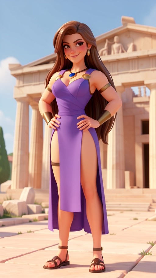 A confident brown-haired woman in a purple dress and sandals stands with hands on hips before a classical stone temple.
