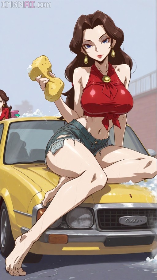 Pauline from Mario sitting on a yellow car holding a sponge, wearing a red crop top and torn denim shorts.