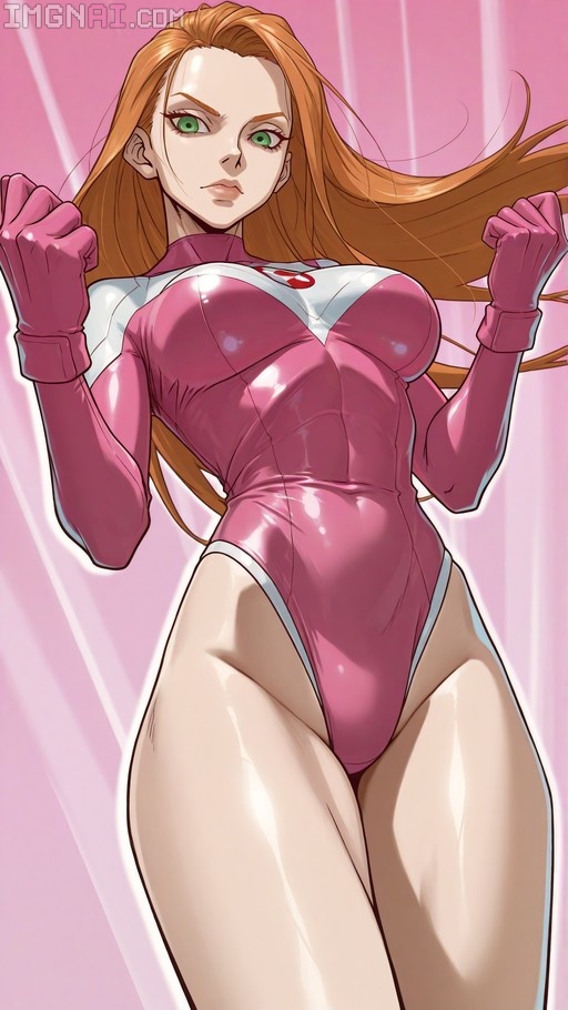 Atom Eve from Invincible in a pink leotard and gloves looking at the viewer