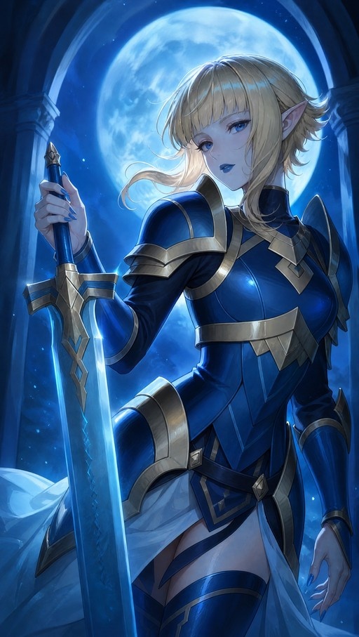 A blonde elf warrior in blue armor holding a sword under a full moon.