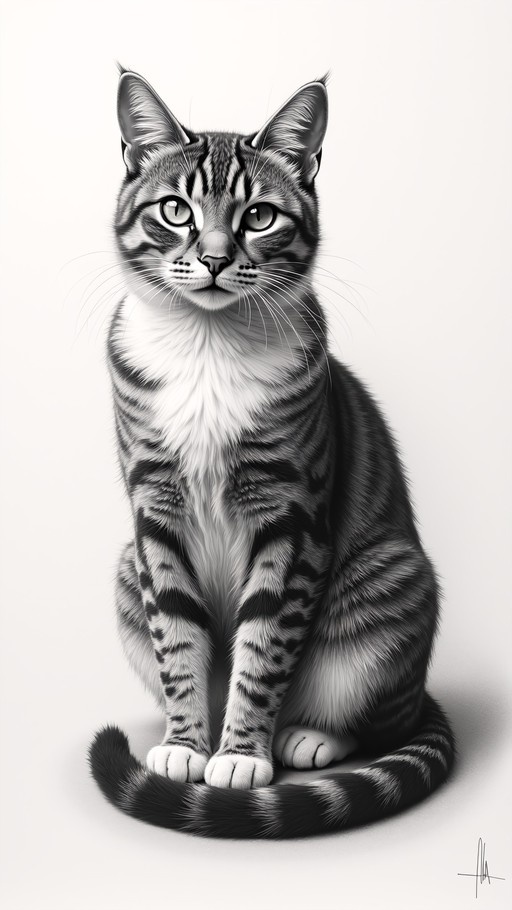 A detailed black and white illustration of a tabby cat sitting upright with its tail wrapped around its paws, looking directly at the viewer against a plain background.