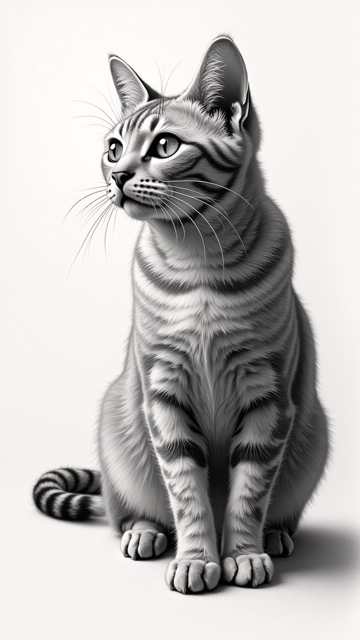 A detailed black and white illustration of a tabby cat sitting upright on a white surface, looking to the side with large eyes and prominent whiskers.