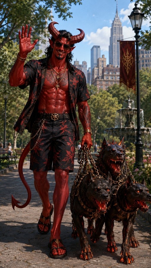 A muscular red-skinned demon with curved horns and sunglasses waves while walking three snarling black hellhounds on heavy chains through a city park.