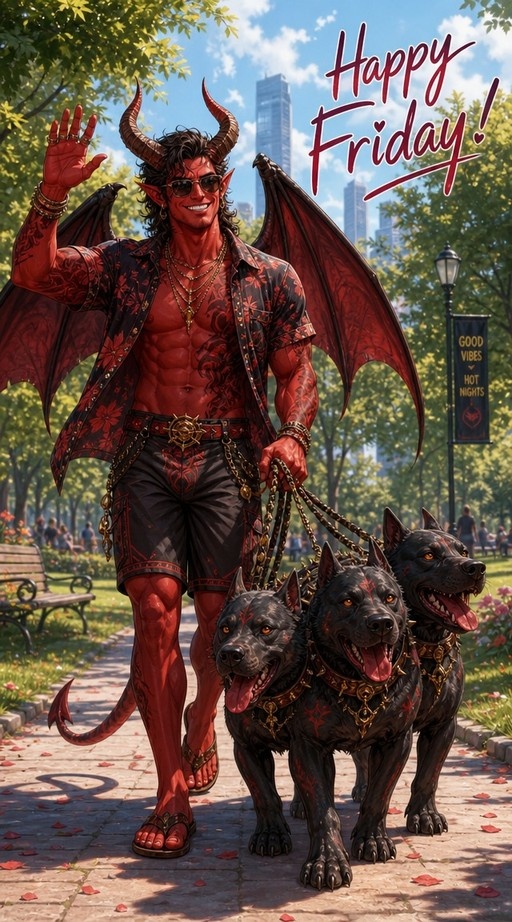 A muscular red-skinned demon with large horns and bat-like wings waves while walking three black dogs on leashes through a sunny city park, wearing sunglasses and an open floral shirt.