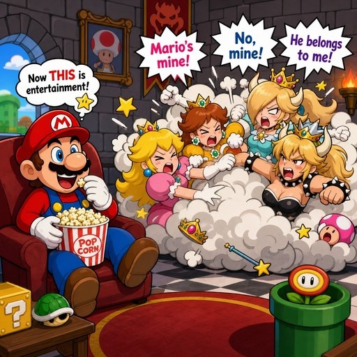 Mario sits in a red armchair eating popcorn while Princess Peach, Princess Daisy, and Bowsette fight behind him shouting "Mario's mine!" in a castle setting.
