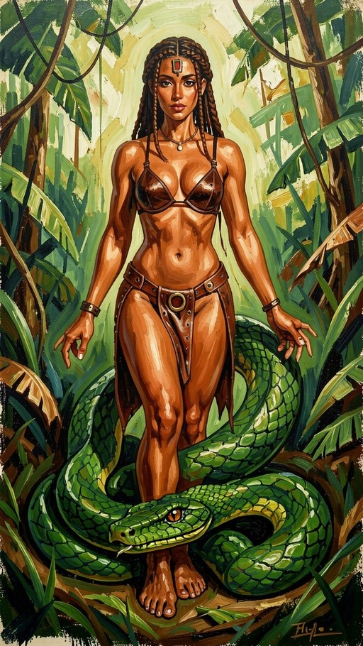 A digital painting of a dark-skinned woman with long braids standing barefoot in a jungle, wearing a bikini top and leather skirt, with a large green snake coiled around her legs.