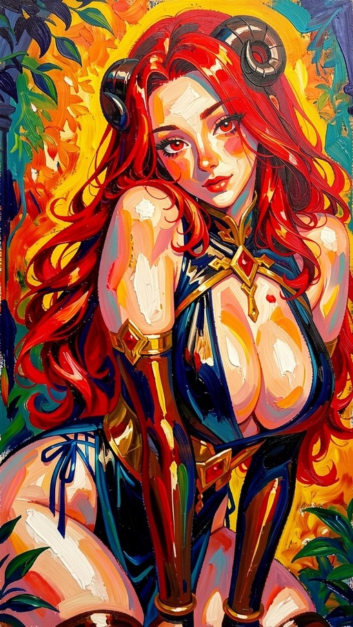 A digital painting of a red-haired woman with large black horns wearing a blue outfit with gold trim against a fiery background.