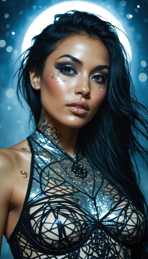 A realistic portrait of a dark-skinned woman with long black hair and neck tattoos, wearing a shiny silver dress with a black web pattern under a large full moon.