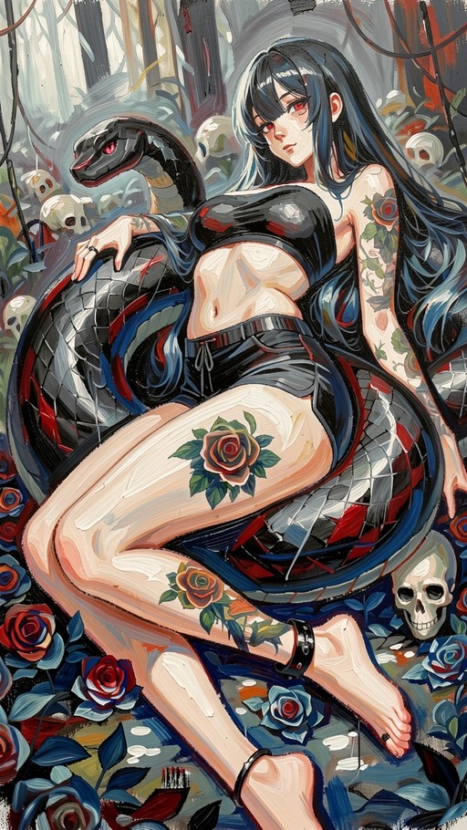 A pale woman with long black hair and red eyes reclines barefoot amidst scattered skulls and roses, featuring rose tattoos on her legs as a large black snake coils around her.